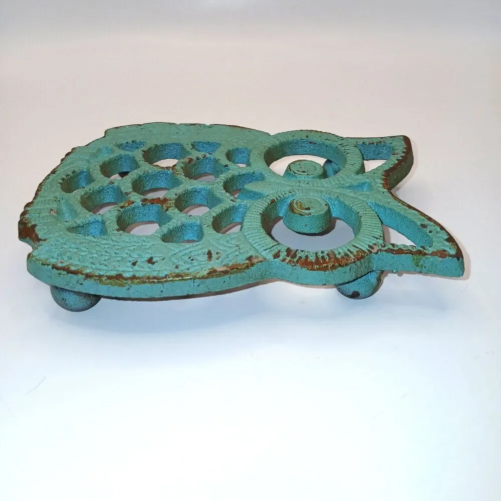 Cast Iron Owl Trivet Turquoise Aqua Blue Rustic Farmhouse 5 1/4